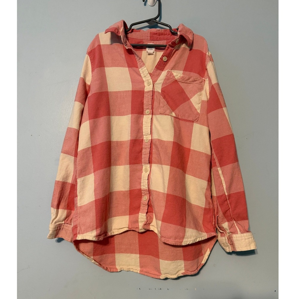 Gap Kids XL 12-13 Pink Cream Buffalo Plaid Flannel Button Down High Low 2092